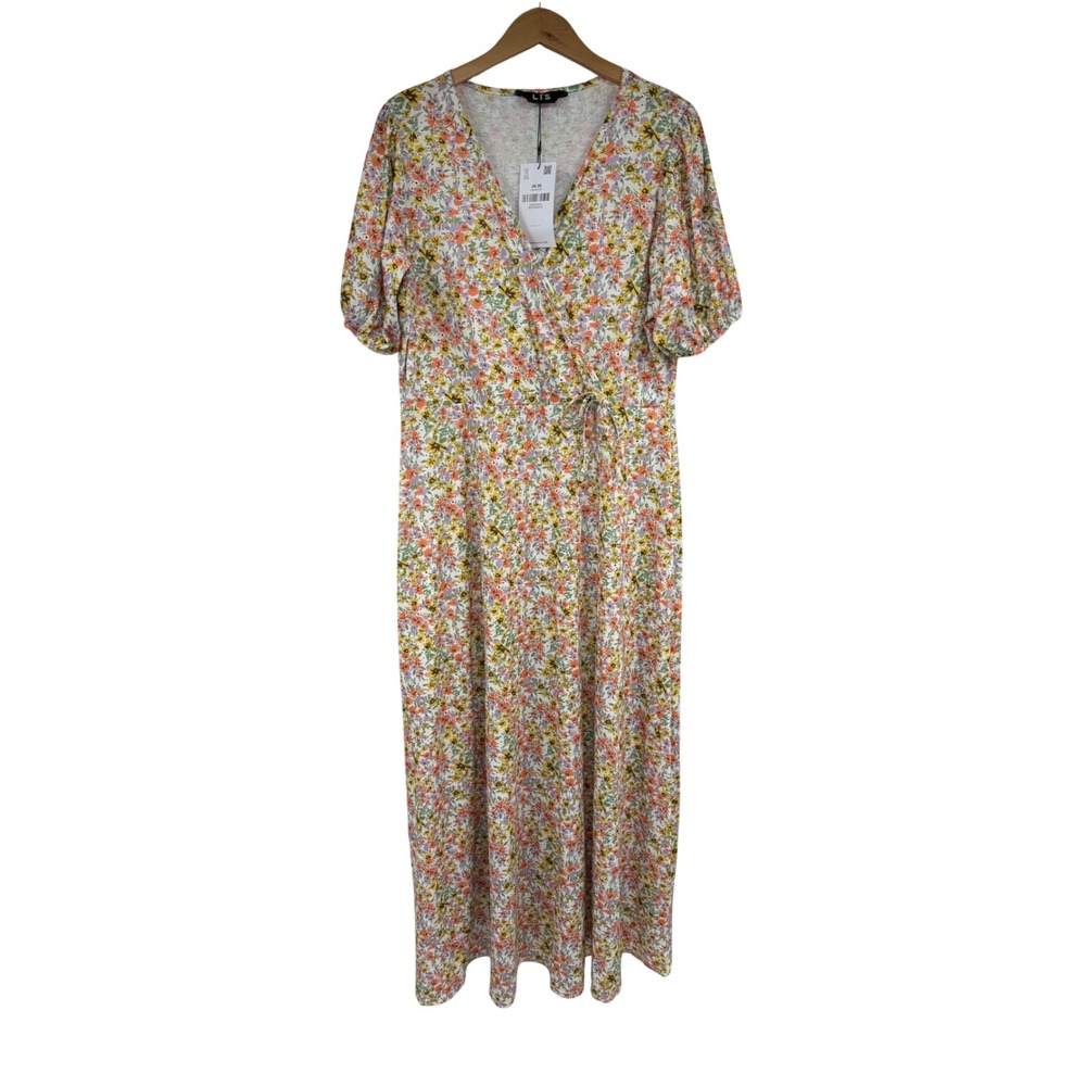 Long Tall Sally Floral Faux Wrap Maxi Dress Puff Sleeve‎ Multi Color Size US 16